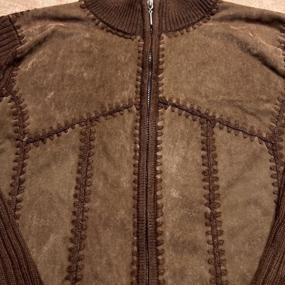 Vintage 90s Cal Fashion Brown Patchwork Panel Stitched Knit Zip Up Jacket Grunge - Picture 2 of 7